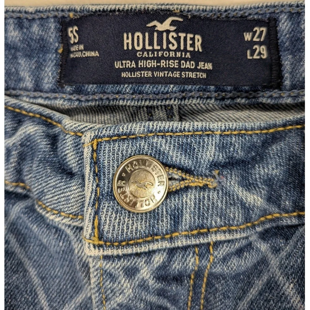 Hollister Ultra High Rise Dad Jeans Women 27 Blue Denim Bleach Diamond Baggy 90s